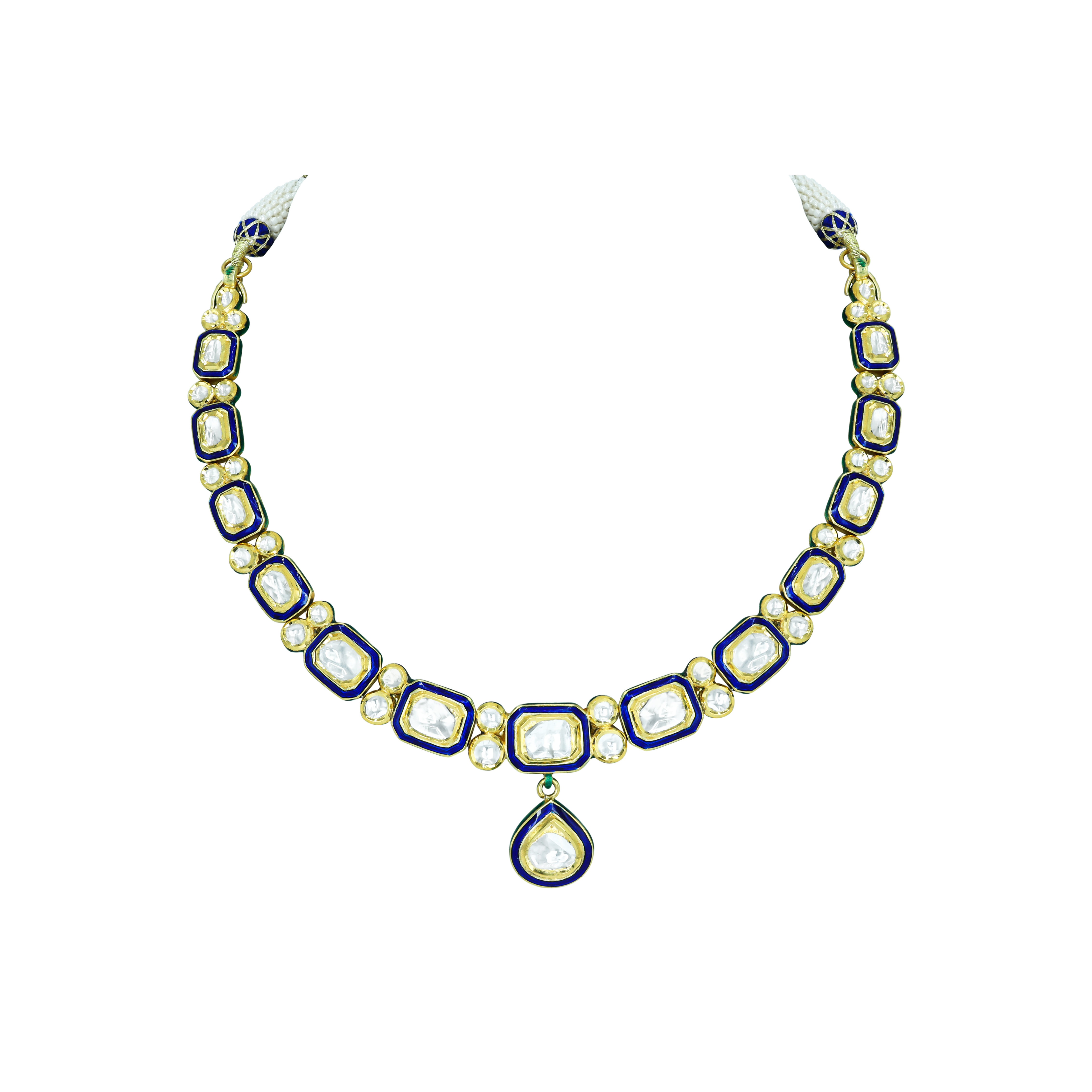 Square and Teardrop Polki Necklace with Blue Meena